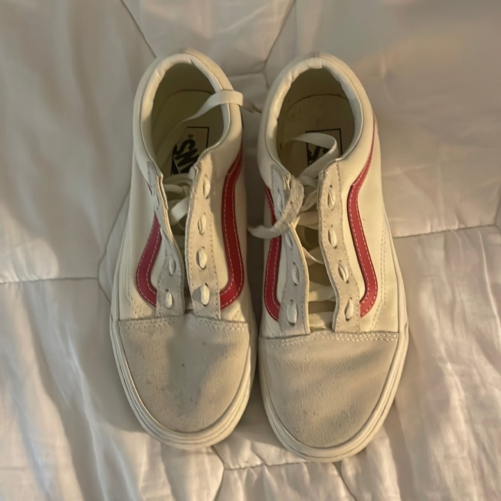 Red and tan suede vans